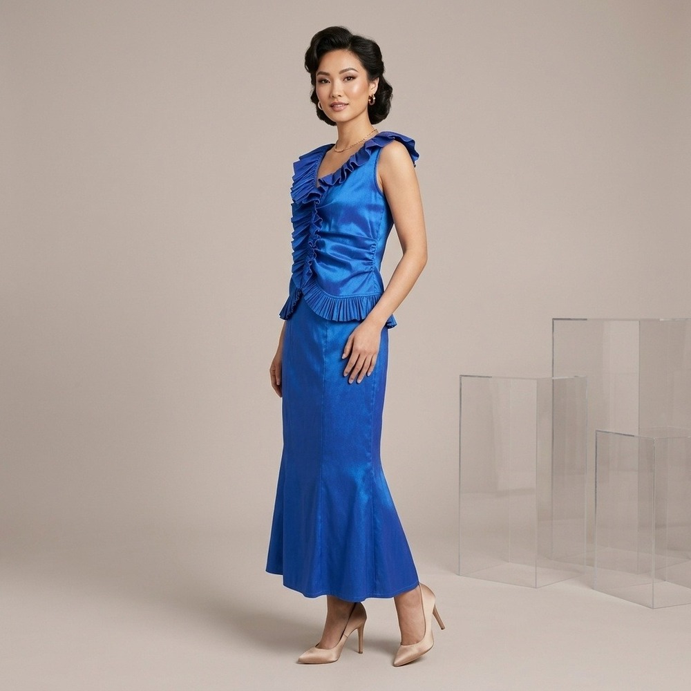 Tadashi Collection Royal Blue Peplum Ruffle Bustier Top & Maxi Skirt Set Size 10